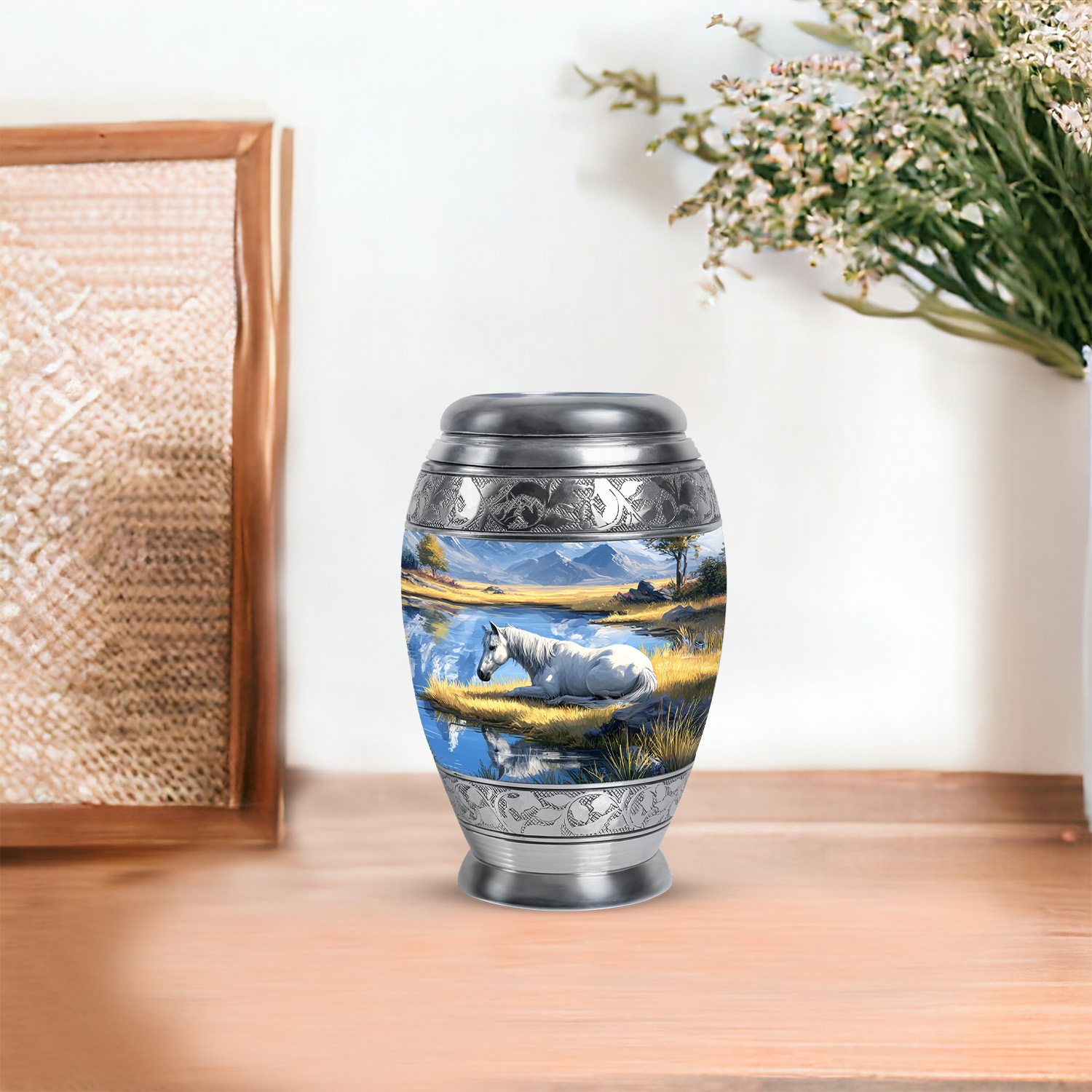 JAGASY Horse Memorial Urn for Ashes Adult Male, Blue Keepsake Small Urns for Human Ashes, Mountain Trees Decorative Urns for Daughter, White Horse Mini Cremation Urn for Son, (3 Inch)