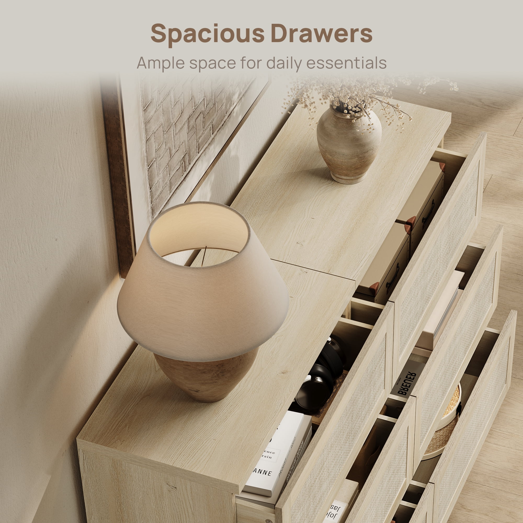 SICOTAS Small 3-Drawer Dresser Nightstand Set of 2, 50.7"W Boho 6 Drawer Dresser with Slide Rails, Rattan Chest of Drawers, Modular Storage Cabinet for Bedroom & Living Room, Light Oak