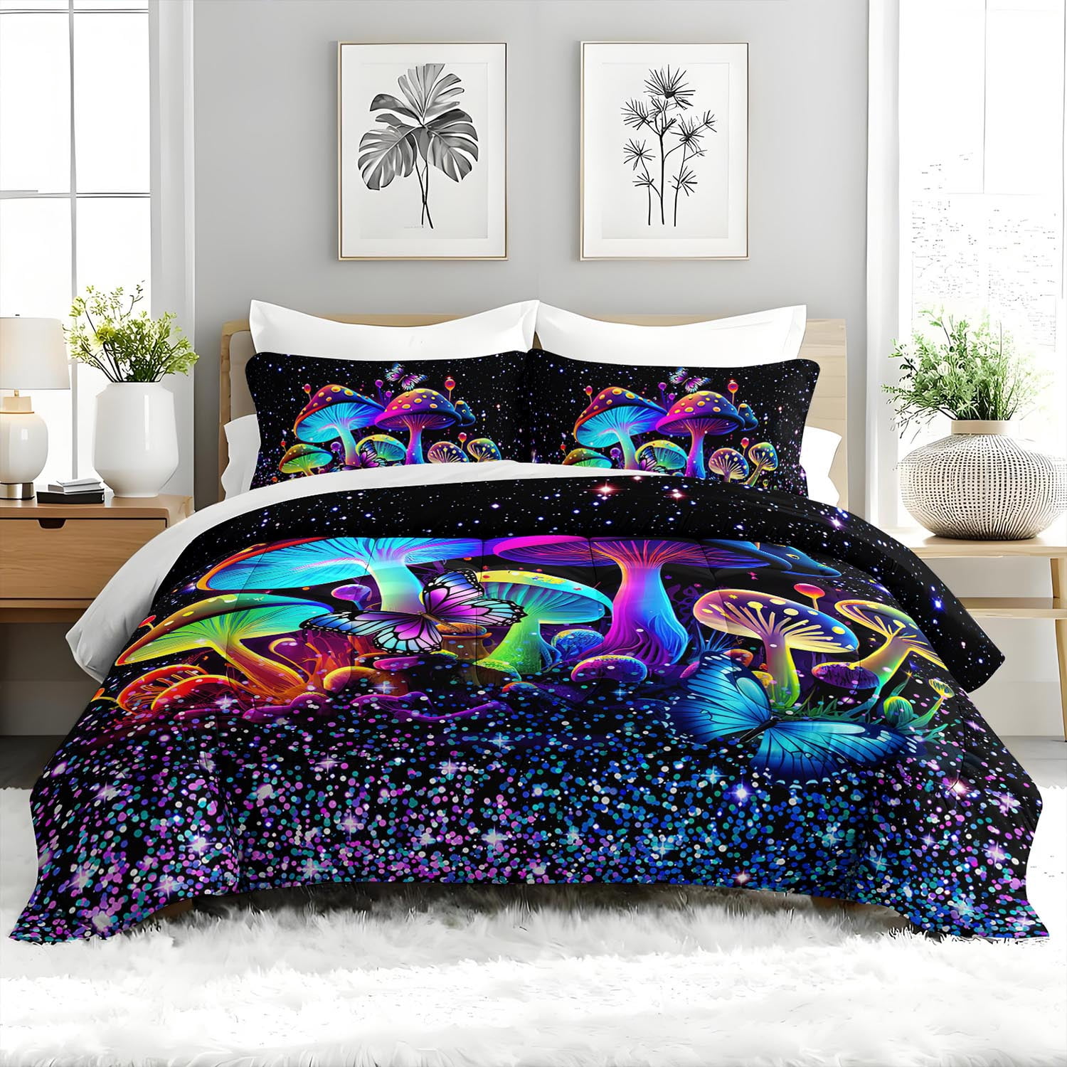 3pcs Psychedelic Mushroom Comforter Set, Neon Glow Bedding Set for Bedroom or Guest Room Decor, All Seasons Quilt Machine Washable Duvet with 2 Pillowcases