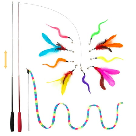FYNIGO Interactive Cat Feather Toys for Indoor Cats Kittens,2 Retractable Cat Teaser Wand and 1 Rainbow Wand with 9 Refills and 2 Spare Hook(14 Pack)