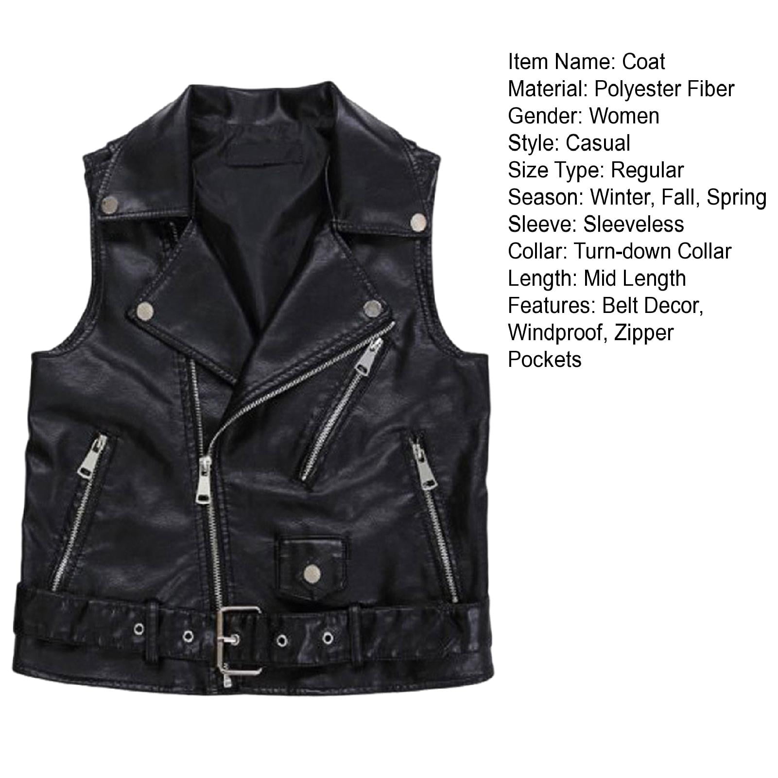 Women Vest Coat Faux Leather Smooth Surface Belt Decor Turn-down Collar Zip-up Sleeveless Zipper Pockets Retro Motorcycle Waistcoat Commuting Travel Outerwear