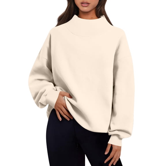 Lumtrix Mock Neck Sweatshirt For Women Cute Oversized Sweaters Cozy Soft Pullover Tops Loose Fit No Hood Spring Fashion Clothes Khaki 2XL
