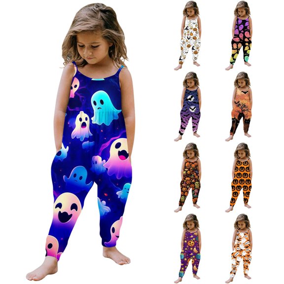 Shadoumai Halloween Jumpsuit Toddler Baby Girl Printed Jumpsuit Sleeveless Romper Outfits Pants Clothes, Festival Casual Jumpsuit
