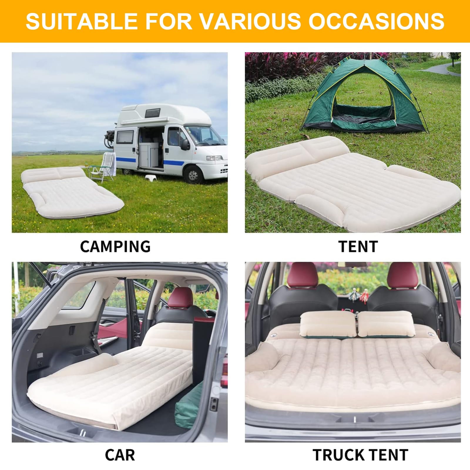 QDH SUV Air Mattress Thickened and Double-Sided Flocking Travel Camping Bed with 2 Pillows & Electric Pump Dedicated Mobile Cushion Inflatable Bed for SUV Trunk and Rear Seat (Beige and Coffee)