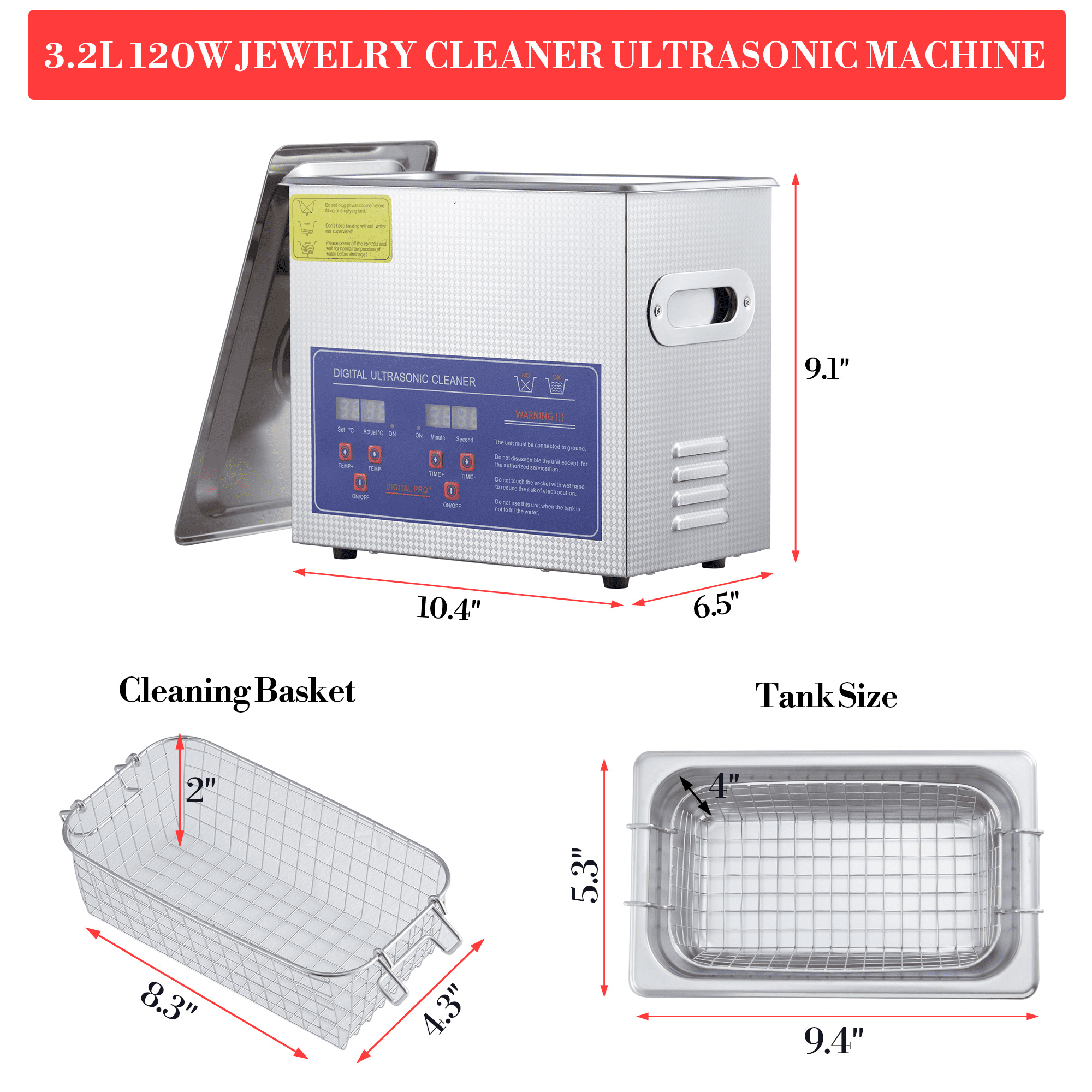 Kojooin 3l Digital Ultrasonic Cleaner with Heating Function | 40khz & 120w Cleaning System | Timer Control, Suitable for Jewelry, Eyeglasses, and Watches
