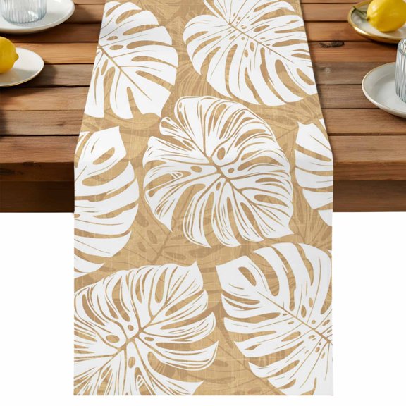 Table Runner Brown Monstera Deliciosa Table Runners Tropical Palm Leaves Cotton Linen Dresser Scarf Kitchen Dining Table Decor for Holiday Party Decor 13x36 Inch