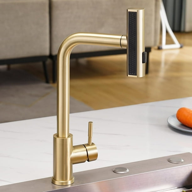 Grifo de cocina en cascada con rociador extraíble, grifo de cocina de oro cepillado con rociador 3 modos, sus304 acero inoxidable 360 ° giratorio grifo de fregadero de cocina