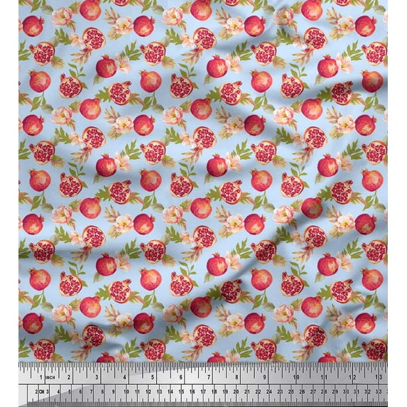 Soimoi Blue polyester Crepe Fabric Floral & Pomegranate Fruits Print Sewing Fabric BTY 42 Inch Wide