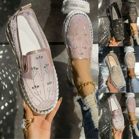 Miluxas Women's Rhinestones Glitter Mesh Slip on Sneakers,Thick-Soled Platform Loafers Fashionable Round Toe Casual Shoes Pink 9.5(43)