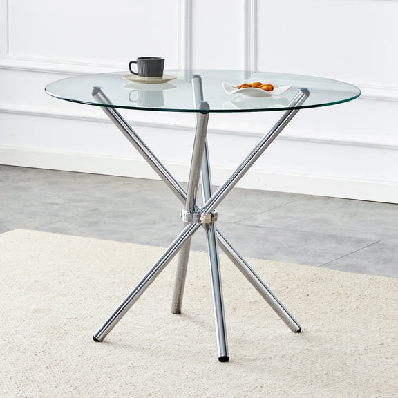 Modern 36" Round Clear Tempered Glass Dining table with Ring-shaped gathered Silver Metal Legs for Kitchens, dining rooms