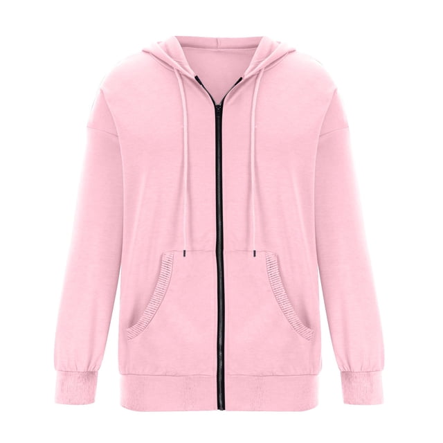 Pocket Long Sleeve Hooded Threaded Sweater Ladies Zipper Top