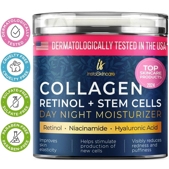 Collagen Face Moisturizer with Airless Pump - Collagen Botanical Stem Cells Cream for Skin with Retinol, Niacinamide, Hyaluronic Acid - Anti-Aging Day & Night Cream - Made in USA (1.7 Oz)