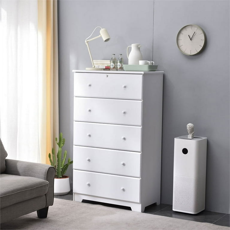 Pemberly Row Contemporary 5 Drawer Solid Pine Wood Chest Dresser in White