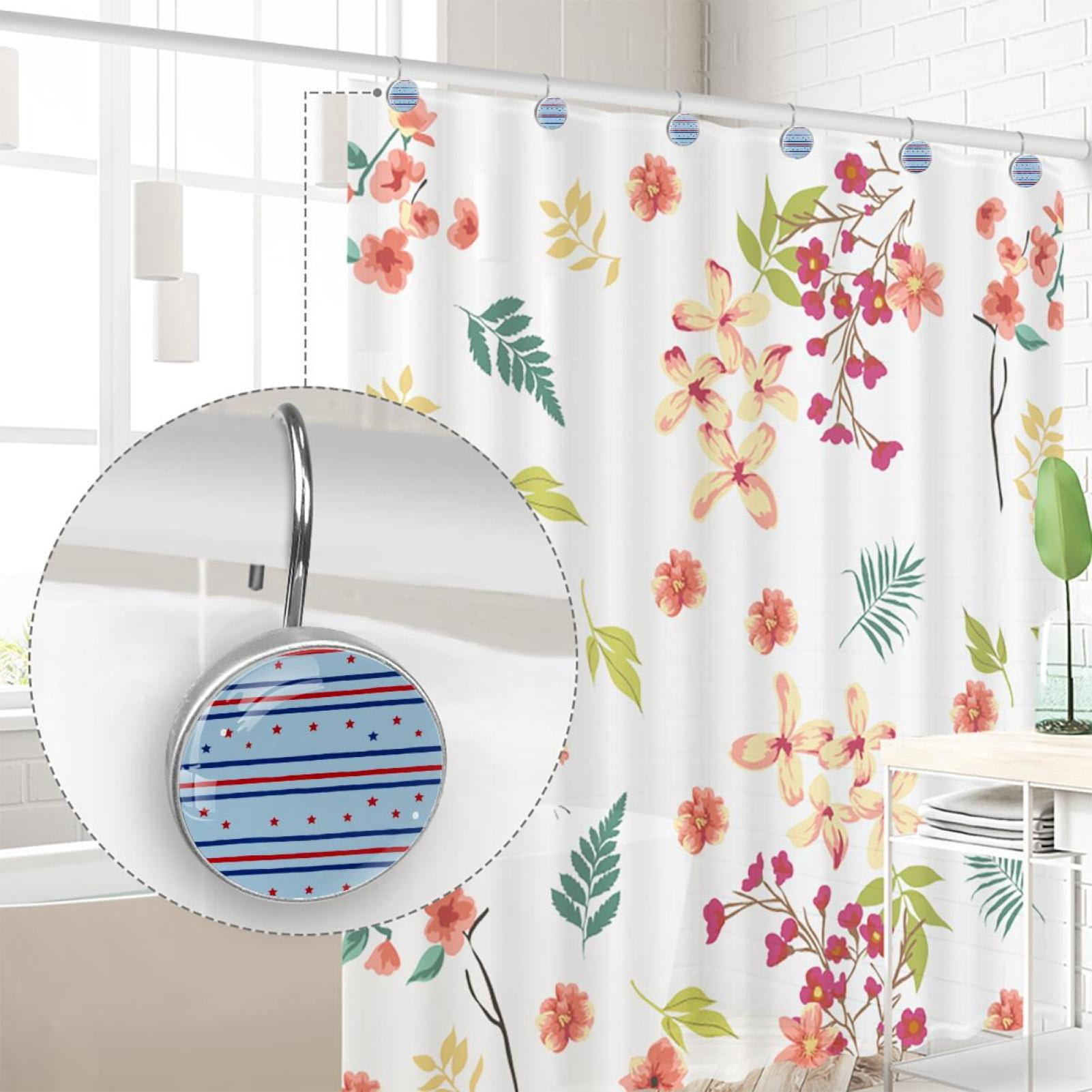 12pcs Decorative Shower Curtain Hooks, Rust Resistant Shower Rings for Bathroom Living Room,Rustproof Stainless Steel Rings for Shower Curtain and Liner Rods,4th of July Stars Line