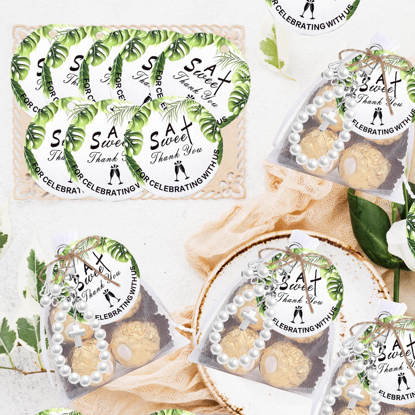 NFTIGB 20 Set Pearls Crosses Keychains with Organza Bags Tags and 32.8 Feet / 10m Hemp Rope, Multifunctional Pearl Beaded Key Rings Party Favors for Baptisms Religious Celebrations
