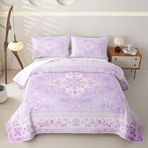 Homewish Purple Boho Mandala Floral Twin Quilt Set,Dreamy Bohemian Twin Coverlet Set,2 Pieces