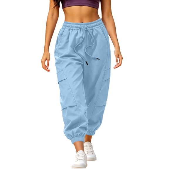 Edvintorg Womens Cargo Pants Outdoor Hiking Travel Elastic Waisted Workout Cuffed Trouser with Pockets Clothes Women Light Blue M
