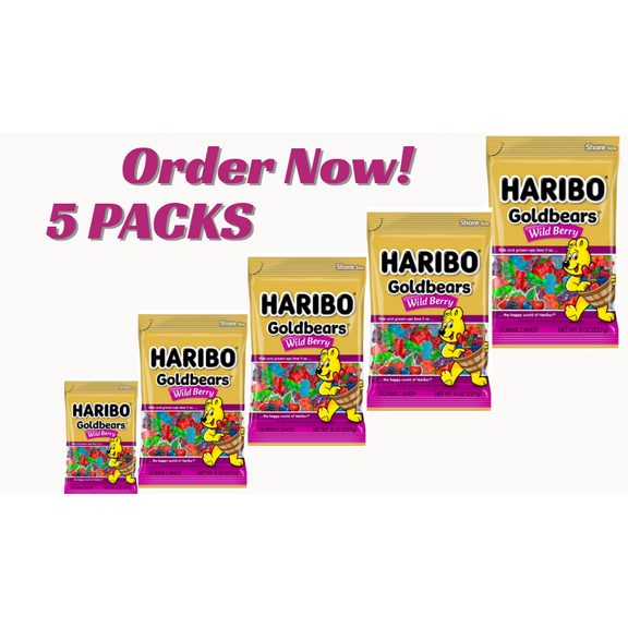 HARIBO Goldbears Gummy Bears Wild Berry Candy Gummies, 8 oz Bag, Share Pack of 5