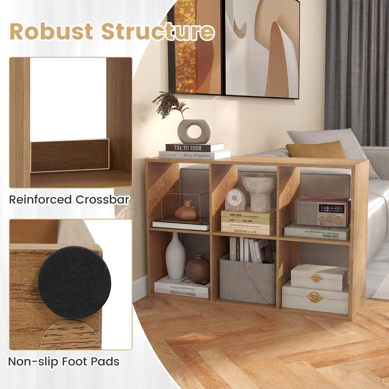 Costway 6-Cube Bookshelf, Modern Cubby Bookcase with Back Guardrail & Anti-tipping Kits Natural