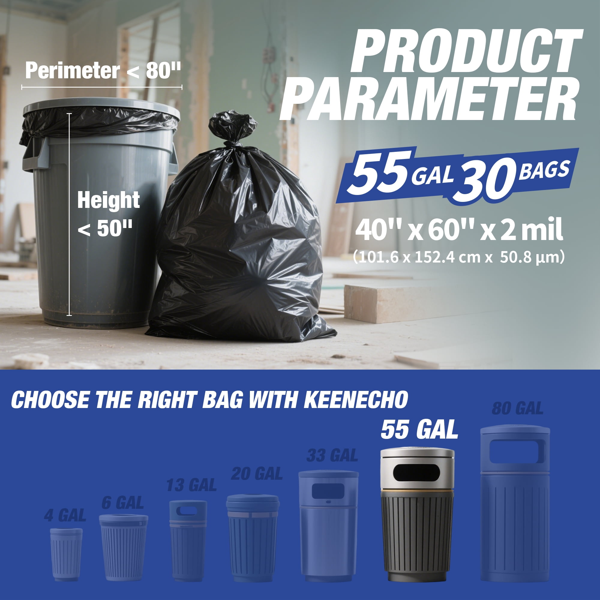 KeenEcho Heavy Duty Contractor Trash Bags 55-60 Gallon, 30 Count, 2.5Mil Extra Thick, Strong Black Garbage Bags, Leakproof Star Seal for Construction, Yard, Demolition Debris
