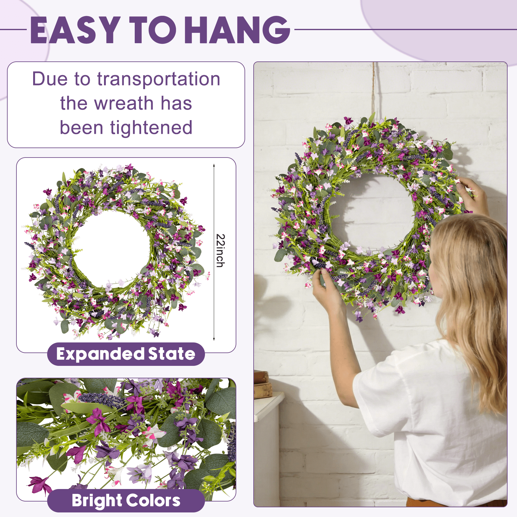 AcerichFad Spring Wreath Decor, 22 Inch Artificial Violet Lavender Wreaths for Front Door Porch Indoor Outdoor Home Spring Summer Decoration