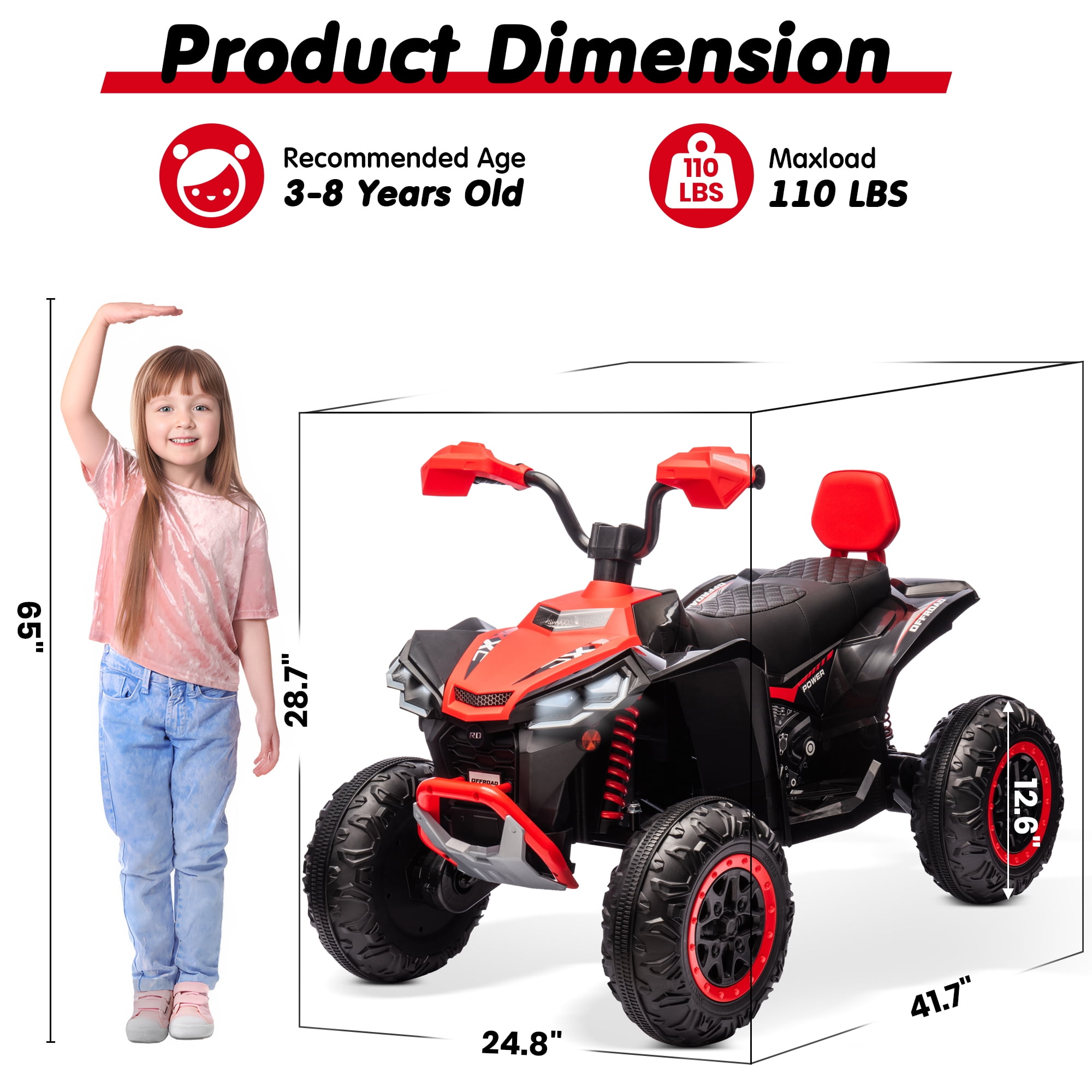 Joyracer 4WD 24V 2-Seater Kids Ride on Toy, 4×200W Motors, 9AH Battery Powered Electric 4-Wheeler ATV w/ Kneepads, Music, Red