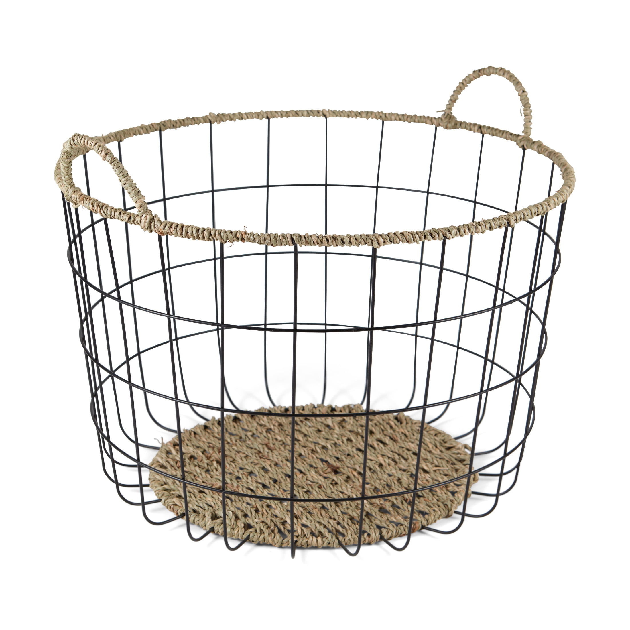 Better Homes & Gardens 2-Pack Round Wire Storage Baskets with Woven Trim, Black Metal, 18"D x 12"H – Decorative Organizer Bin for Pantry, Closet, Bathroom, Home Office