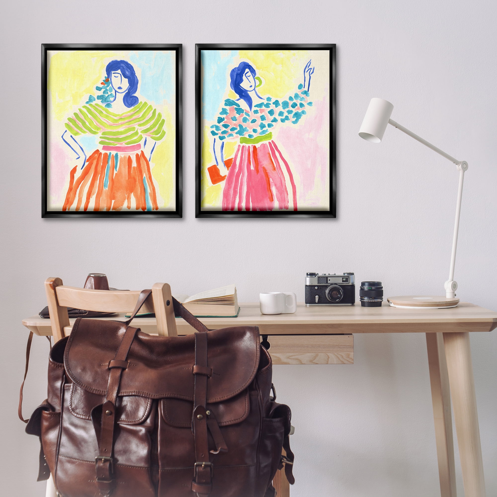 Stupell Industries Stylish Women Bright Hues People Painting Black Floater Framed Canvas Art Print Wall Art, 31 x 25, Set of 2