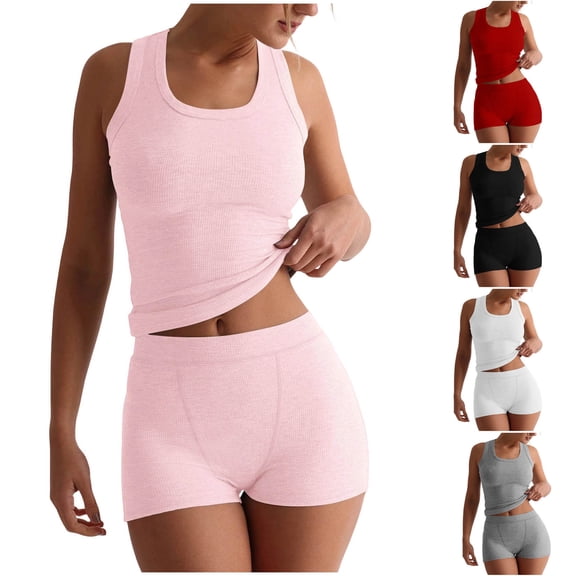 Women's Two Piece Outfit Summer Co Ord Set Tracksuit Full Set Sleeveless Crop Tank Top Shorts with Pockets 2 Piece Beach Holiday Lounge Set Streetwear Sport Gym Sets Black L