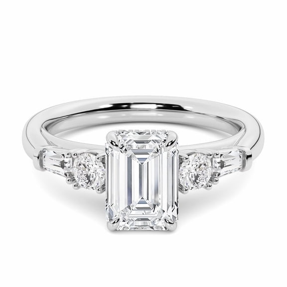 Alor Jewel 2.1 Ct Emerald Cut Lab Created Diamond Ring - Three Stone With Side Baguette Design - 14K White Gold Over Ring for Women - Elegant Engagement Ring - Timeless Wedding Jewelry for Her
