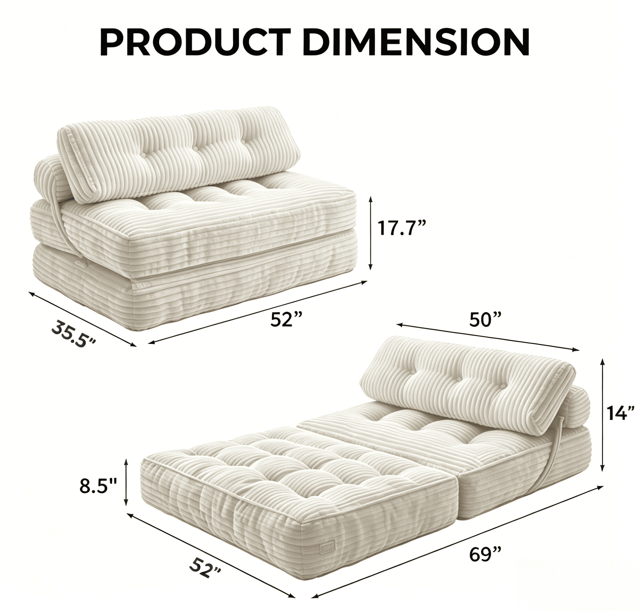 Howcool Corduroy Folding Sofa Bed,3 in 1 Convertible Sleeper Chair with Pillow & Lumbar Pillow,Boneless Floor Sofa Couch Lounge Chair for Living Room Dorm,Beige