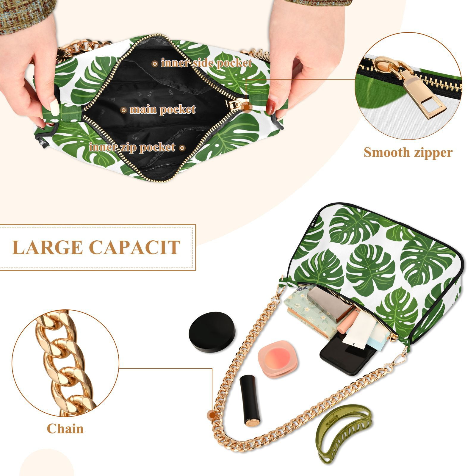 Green LeavesWomen Small Shoulder Bag Crossbody Tote Hobo Bags Purse Clutch Handbags with Chain Strap for Women