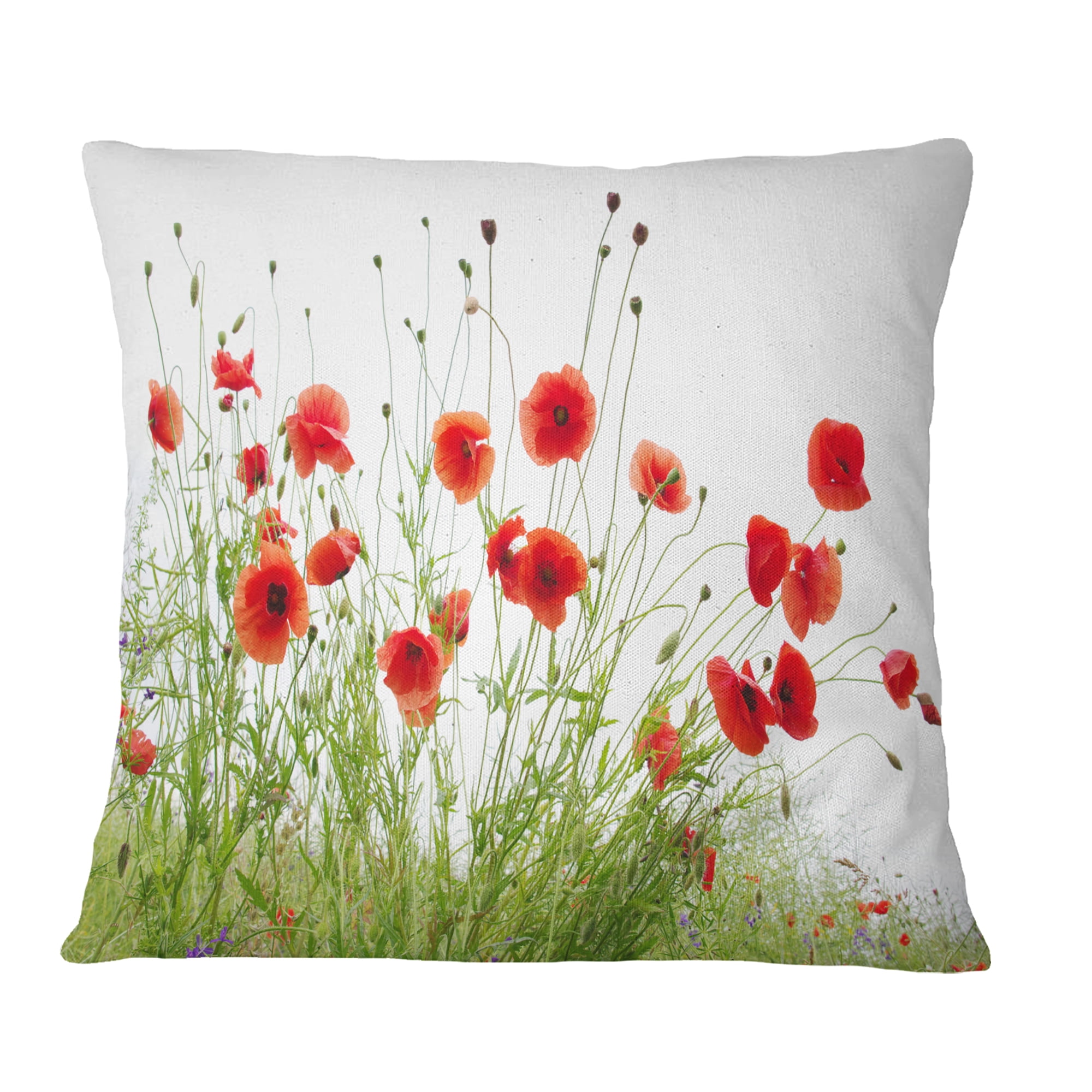 Designart Poppies on White Background - Floral Throw Pillow - 16x16