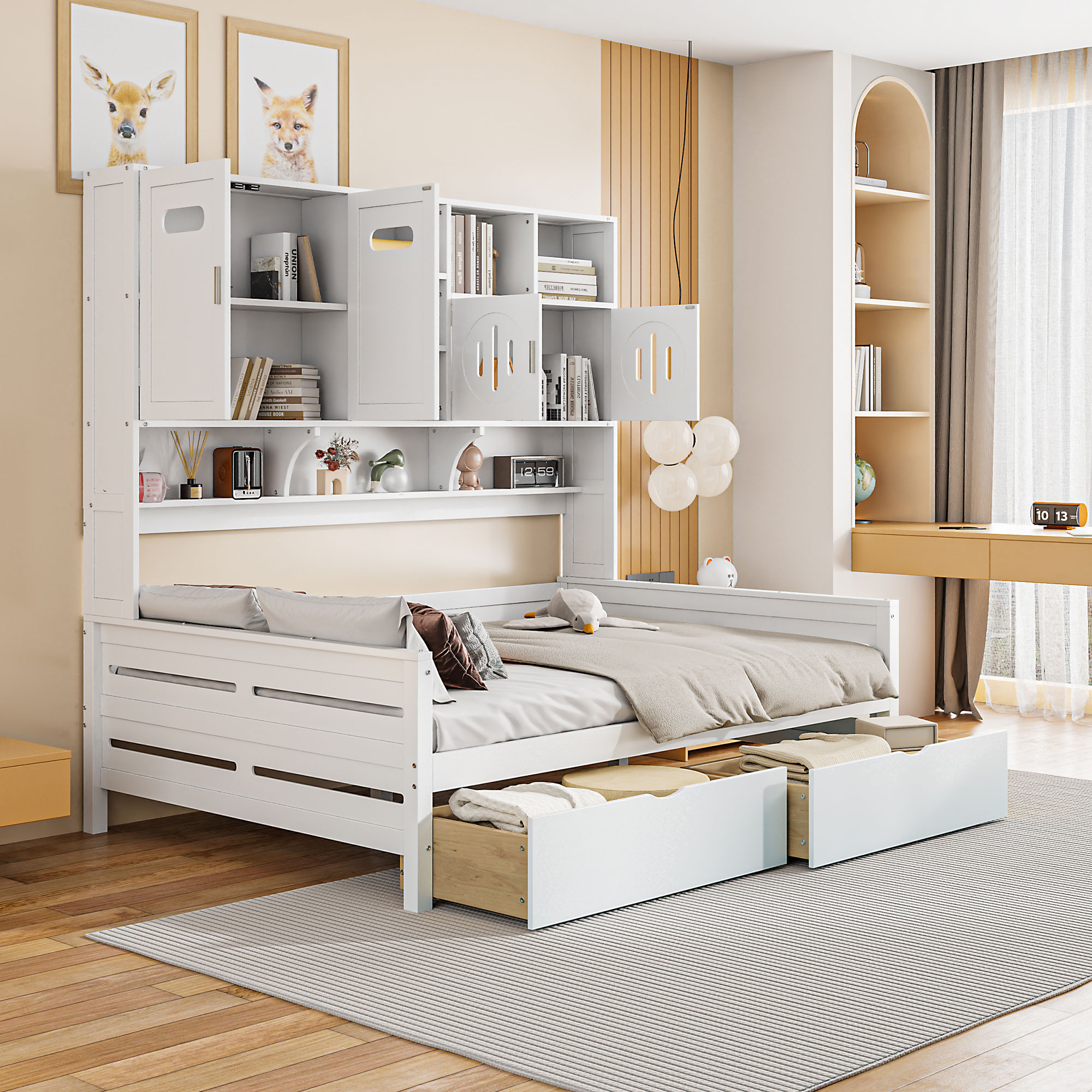 Mintazer Full Platform Bed with Side Bookcase & 2 Drawers and 2 Cabinets, All-in-one Wood Storage Daybed Frame for Kids Teens Bedroom Playroom Guest Room, White