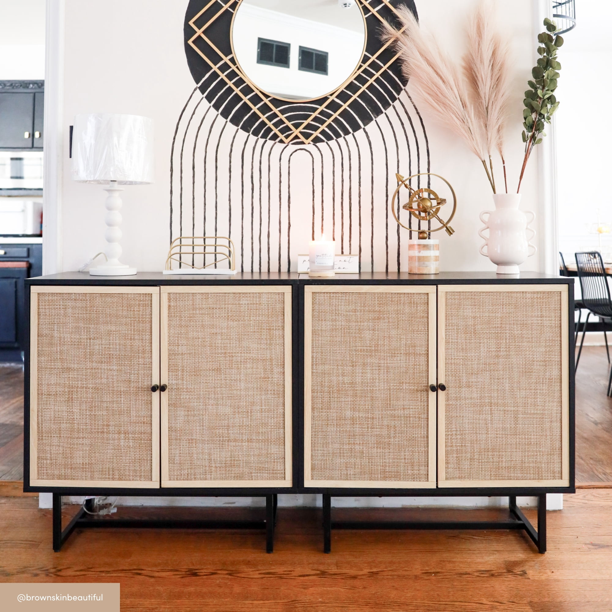 Nathan James Kova Cane Rattan Doors Accent Cabinet with Black Metal Base and Adjustable Shelf