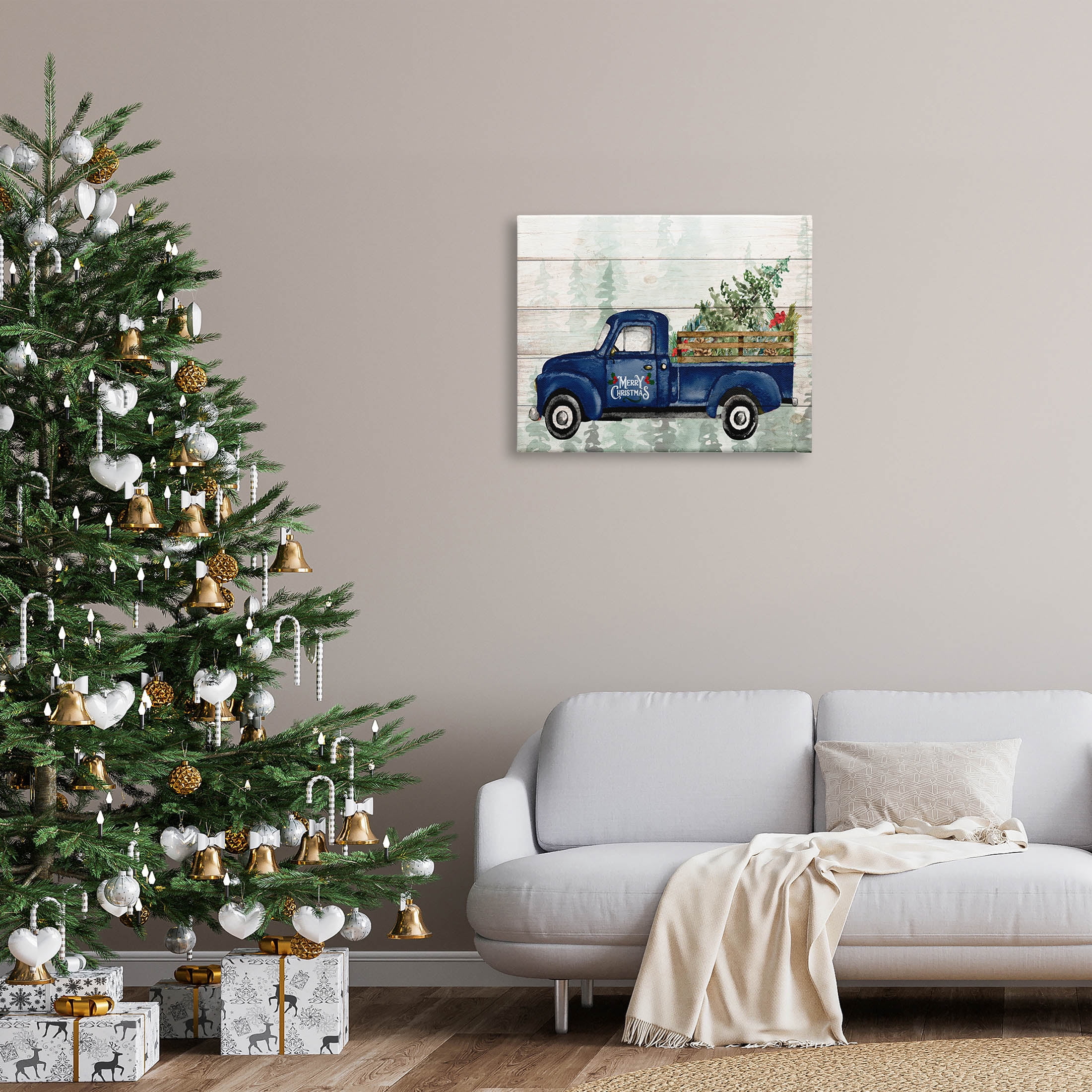 Stupell Industries Merry Christmas Blue Holiday Truck Graphic Art Gallery Wrapped Canvas Print Wall Art, Design by Kim Allen