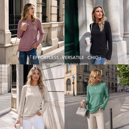 SUNBS Women's Long Sleeve Tunic Blouses Fall Button Side Ruched Shirts Crewneck Casual Tops Fashion Clothes