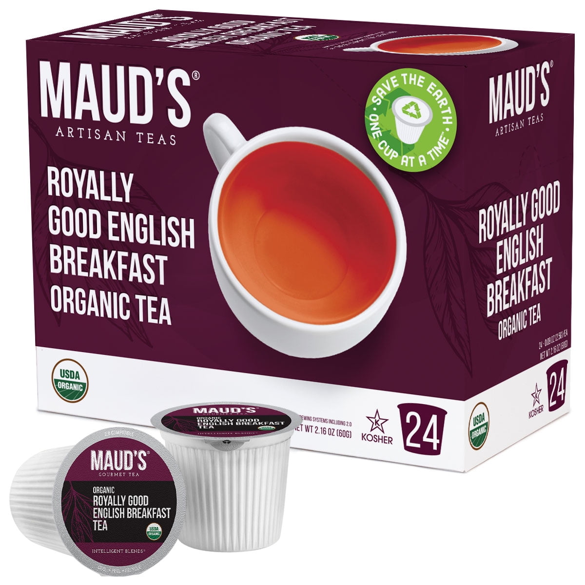 Maud's Organic English Breakfast Tea (Royally Good English Breakfast), 24ct. Recyclable Single Serve Organic Black Tea Pods 100% Organic Tea California Blend, English Breakfast Tea K Cups Compatible