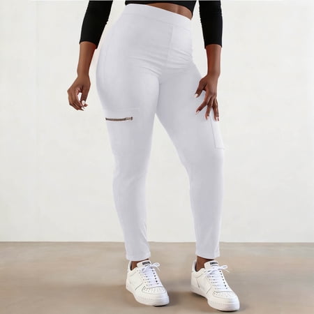 Womens High Waist Yoga Pants with Zipper Pocket Slim Fitted Stretchy Workout Leggings Casual Athletic Sportswear White XL
