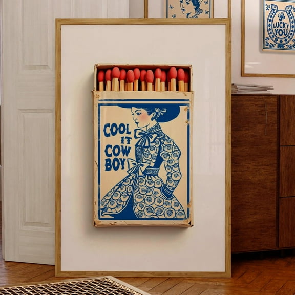 Cool It Cowboy Matchbook Print, Coastal Cowgirl Millennial Granddaughter Toile Chinoiserie Indigo Blue White Poster Western Decor Trendy Art Wall Art, Modern Wall Decor, 16x24 UNFRAMED