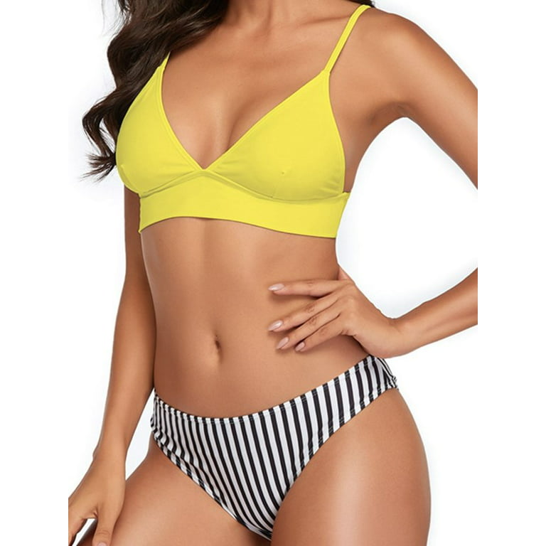 Women's Spaghetti Strap Bralette Bikini Set V-neck Two-piece Swimsuit,Triangle  Mid-Waist Padded Push Up Bathing Suit, Sexy Strip Bikini Set Adjustable  Strap Beautiful Back,Yellow S-XL 