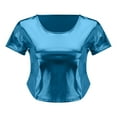 thumbnail image 3 of Ruyang Women's Crop Top Solid Color Reflective Shiny Metallic Round Neck Short Sleeve Crop Top T Shirt Work Shirt Women, 3 of 8