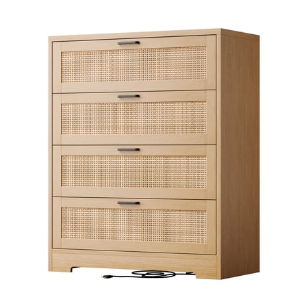 4 Drawer Rattan Wooden Dresser for Bedroom Spacious Storage Chest of Drawers with Wide Top Handles Easy to Assemble Modern Dresser for Hallway Entryway