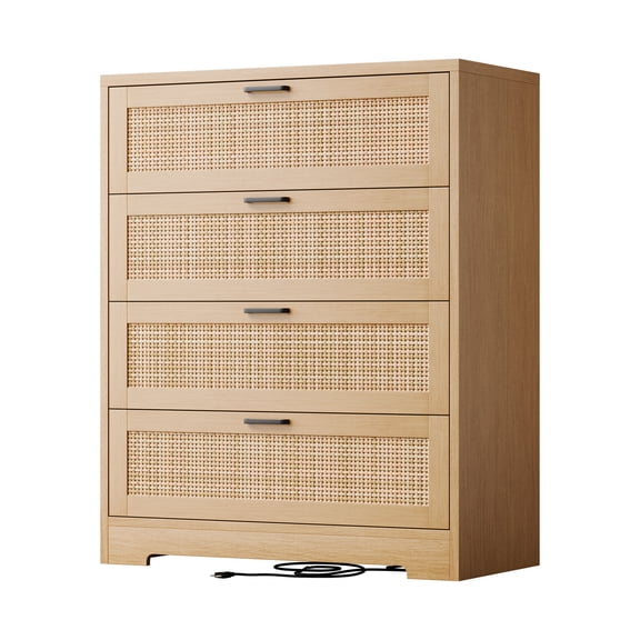 Skyroku 31.49" W Rattan Drawer Dresser with Power Outlet, 4 Drawers MDF Storage Chest, Freestanding Organizer Cabinet for Bedroom, 3 Colors Available