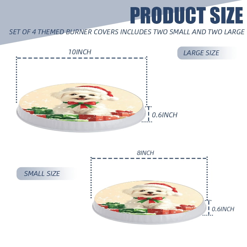 Christmas Stove Burner Covers for Electric Stove, Portrait of Maltese Puppy in Santa Hat Round Mental Easy to Clean Gas Stove Burner Covers Set of 4 for Kitchen, 8 Inches and 10 Inches