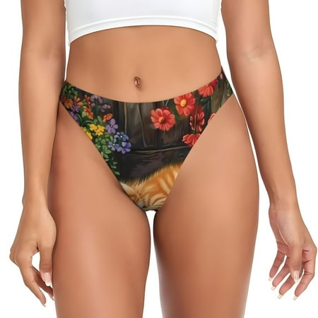 Qokaie Sleeping Cat Flowers Printed Women s Cotton Thong Underwear  Sexy Breathable Panties G-string-Small