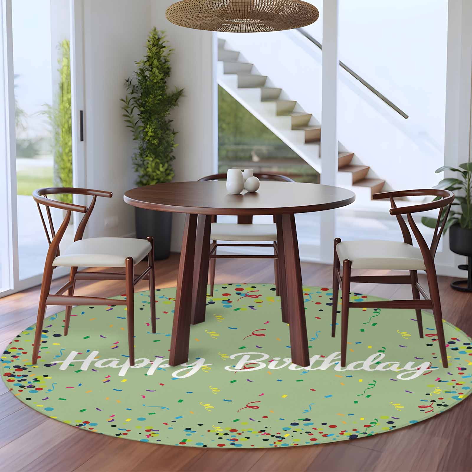 Happy Birthday Large Area Rugs for Bedroom Living Room, Soft Non Slip Carpet Bedside Rug, Sage Green Modern Abstract Art Round Floor Cover Kitchen Accent Rug 8' for Dining Room/Office