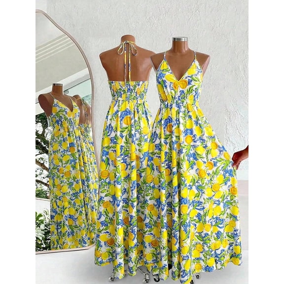 Multicolor Lemon Print Halter Tie Backless Maxi Dress With Smocked Waist A-Line Sundress