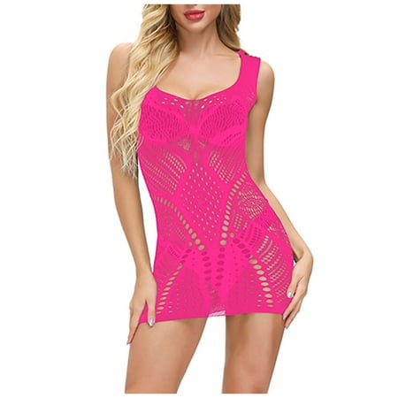 Kayannuo Lingerie for Women Clearance Womens Lingerie Fishnet Seamless Mesh Netting Chemise Hollow Out Perspective Babydoll Dress Sleepwear Nightwear Nightdress Valentines Day Gifts Hot Pink