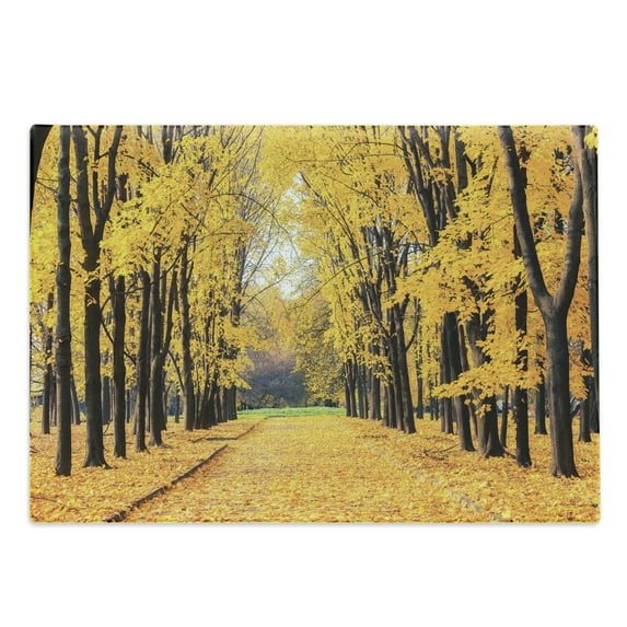 Nature Cutting Board, Autumn Fall Season Trees Falls Dried Leaves Scenery on Road Path Photo Art, Decorative Tempered Glass Cutting and Serving Board, Large Size, Yellow and Green, by Ambesonne